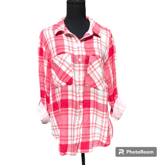 Sanctuary Anthro Women's The Tomboy pink and white plaid crinkly button down M - Picture 2 of 11